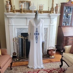 Soft Surroundings White Swim Coverup with Blue Embroidery Accents